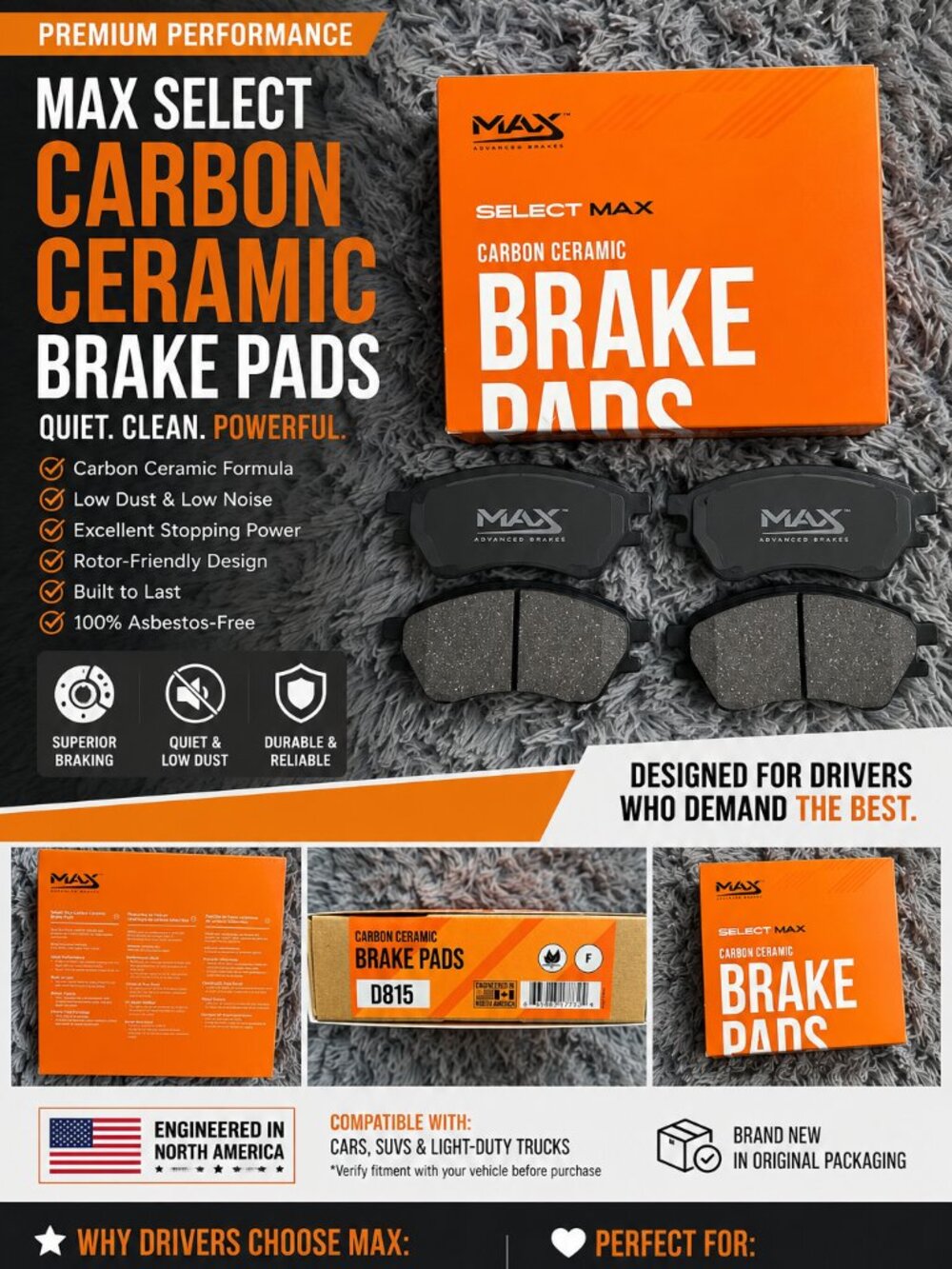 MAX Advanced Brakes D815 Carbon Ceramic Brake Pads New In Box Low Dust Quiet